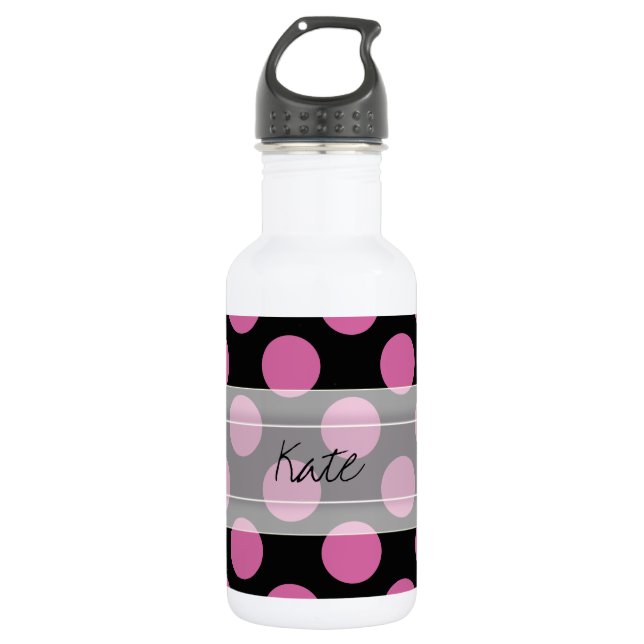 Monogram Black Pink Chic Polka Dot Pattern Water Bottle (Front)