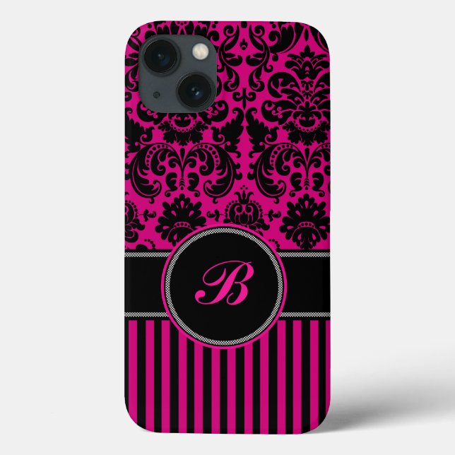 Monogram Black, Pink Damask Stripe iPad Air Case (Back)