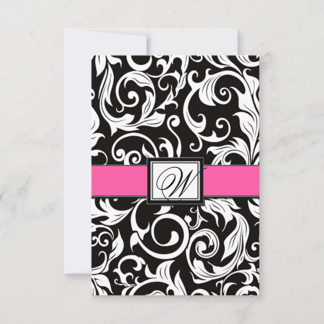 Monogram Black & Pink Damask Wedding RSVP Cards (Front)