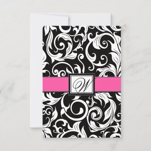 Monogram Black &amp; Pink Damask Wedding RSVP Cards