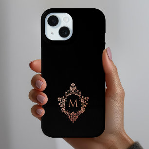 Monogram Black Pink Elegant Rose Gold Crest iPhone 15 Case