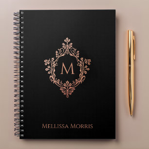 Monogram Black Pink Elegant Rose Gold Crest Name Notebook