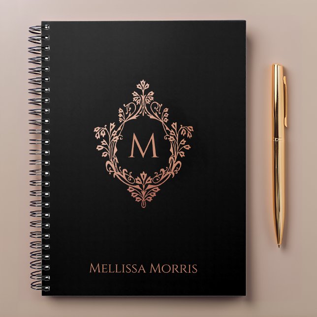 Monogram Black Pink Elegant Rose Gold Crest Name Notebook (Creator Uploaded)