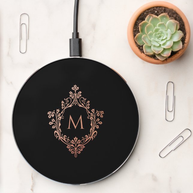 Monogram Black Pink Elegant Rose Gold Ornate Crest Wireless Charger (Creator Uploaded)
