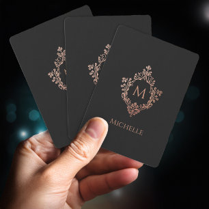 Monogram Black Pink Elegant Vintage Crest Initial Poker Cards