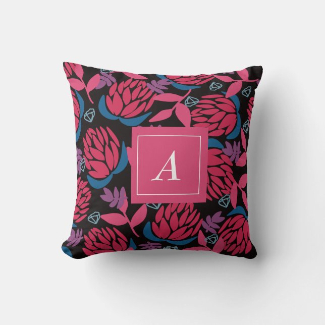 Monogram black pink flowers elegant throw pillow (Front)