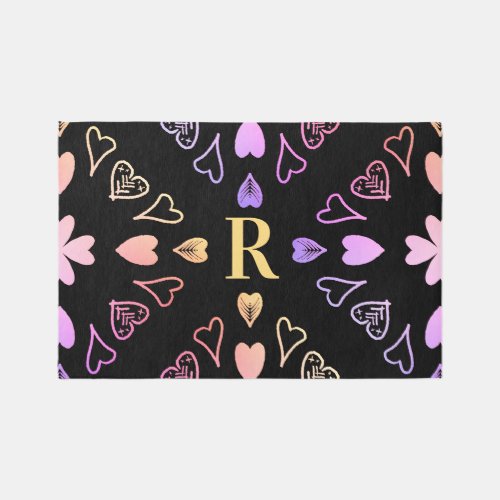 Monogram Black Pink Lilac Ombre Heart Pattern Rug