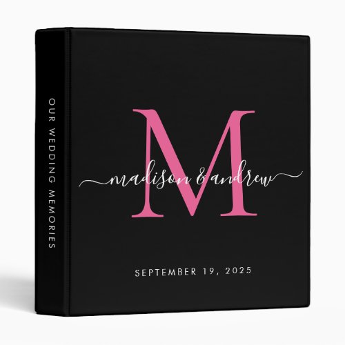 Monogram Black Pink Magenta Script Wedding Album 3 Ring Binder