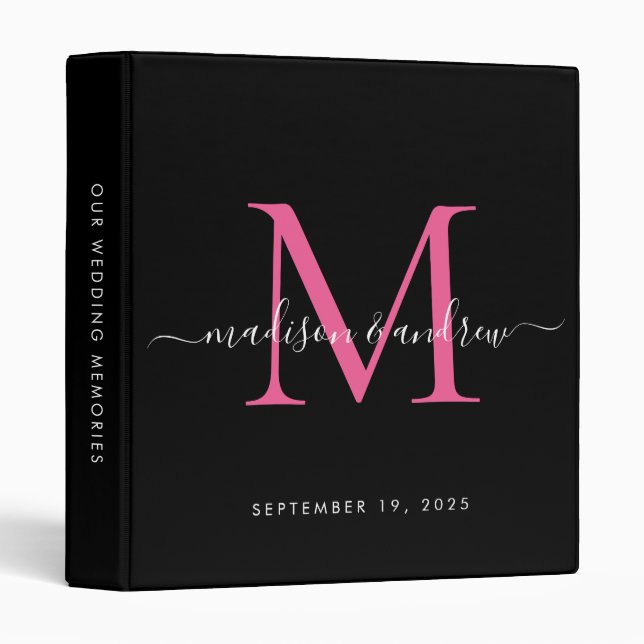 Monogram Black Pink Magenta Script Wedding Album 3 Ring Binder (Front/Spine)