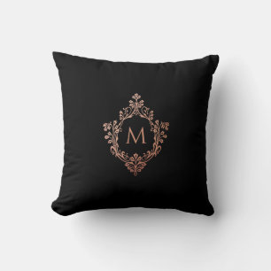 Monogram Black Pink Rose Gold Elegant Ornate Crest Throw Pillow