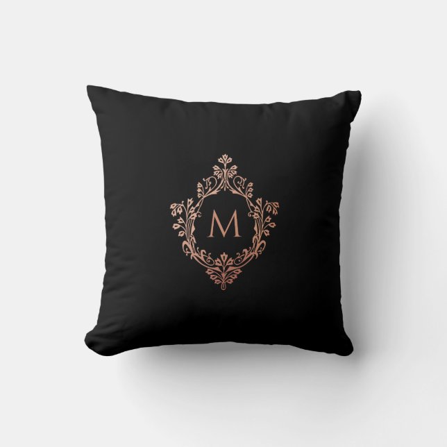 Monogram Black Pink Rose Gold Elegant Ornate Crest Throw Pillow (Front)