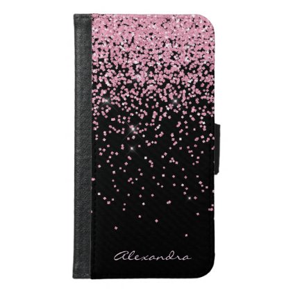 Monogram Black &amp; Pink Sparkle and Glitter Samsung Galaxy S6 Wallet Case