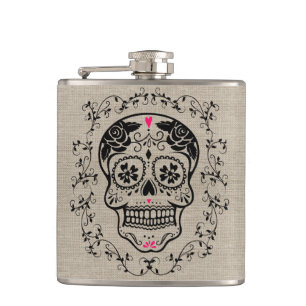 Monogram Black & Pink Sugar Skull on Burlap Flask