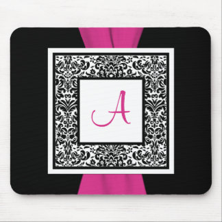 Monogram Black, Pink, White Damask Mousepad