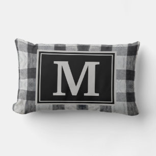 Monogram Black Plaid Family Initial Throw Pillow