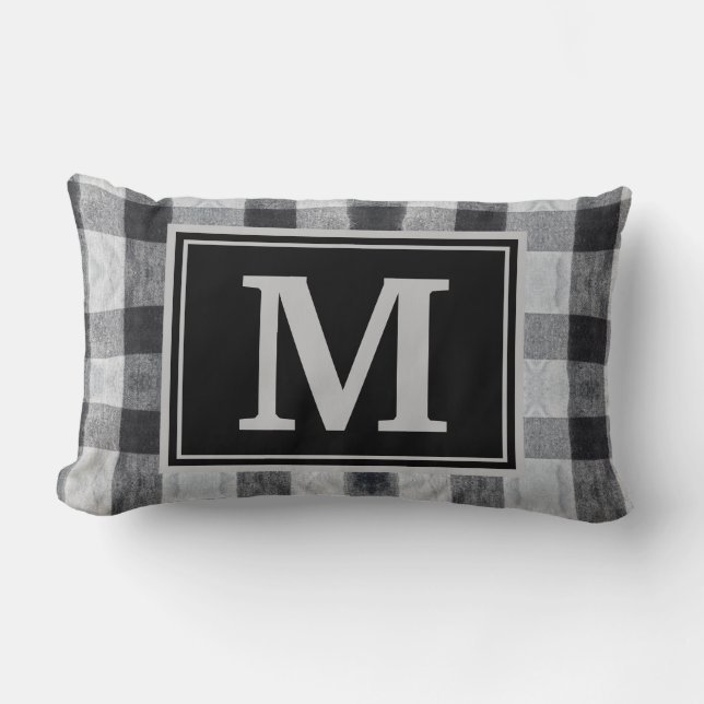 Monogram Black Plaid Family Initial Throw Pillow (Front)