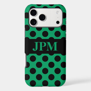 Monogram Black Polka Dots on Shamrock Green iPhone 17 Pro Max Case