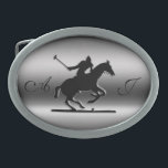 Monogram Black Polo Rider on brushed steel-look Belt Buckle<br><div class="desc">Sports series: A great design if you love polo! Polo is the Sport of Kings and this belt buckle will suit, too! It features an embossed-look black galloping polo pony with rider about to strike the ball with the mallet. On a brushed metal-effect, change the place-holder initials to your desired...</div>