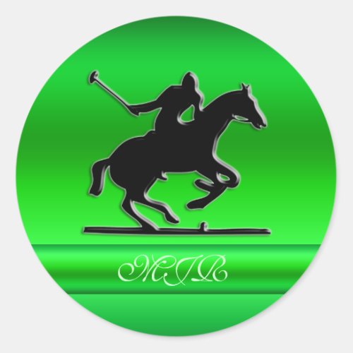 Monogram Black Polo Rider on green metal-look Classic Round Sticker