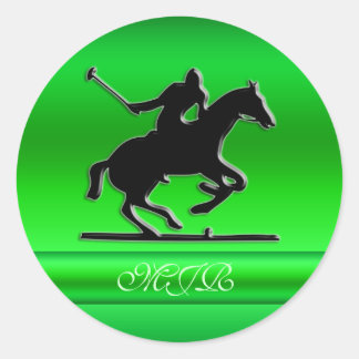 Monogram Black Polo Rider on green metal-look Classic Round Sticker
