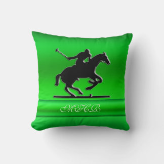 Monogram Black Polo Rider on green metal-look Throw Pillow