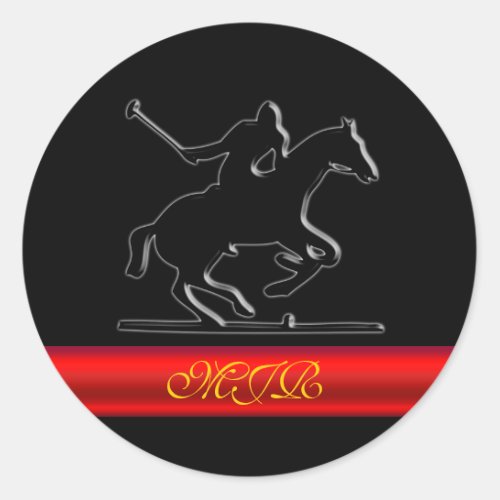 Monogram Black Polo Rider, red metal-look stripe Classic Round Sticker