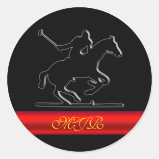 Monogram Black Polo Rider, red metal-look stripe Classic Round Sticker