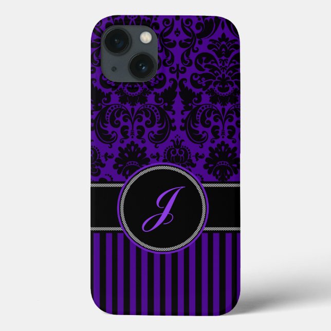 Monogram Black, Purple Damask Stripe iPad Air Case (Back)