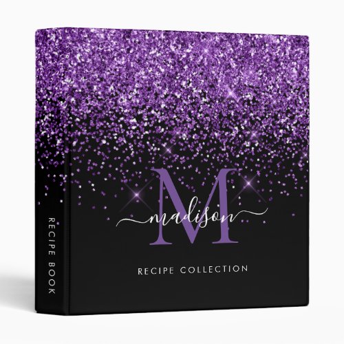 Monogram Black Purple Glitter Script Name Recipe 3 Ring Binder