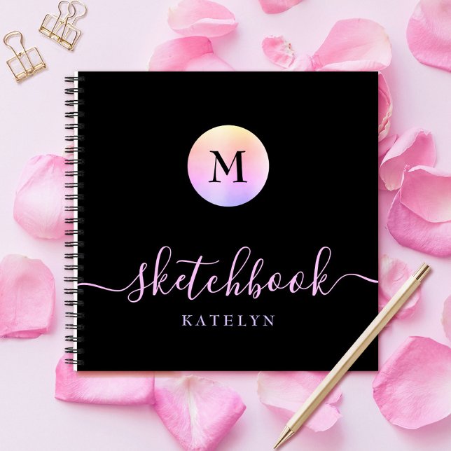 Monogram Black Purple Pink Ombre Simple Sketchbook Notebook (Creator Uploaded)