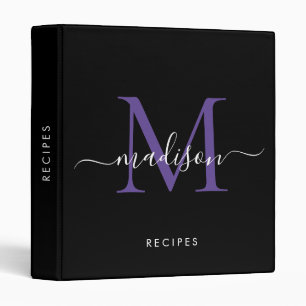 Monogram Black Purple Violet Script Name Recipe 3 Ring Binder