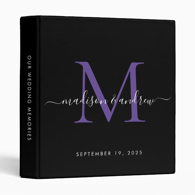 Monogram Black Purple Violet Script Wedding Album 3 Ring Binder (Front/Spine)
