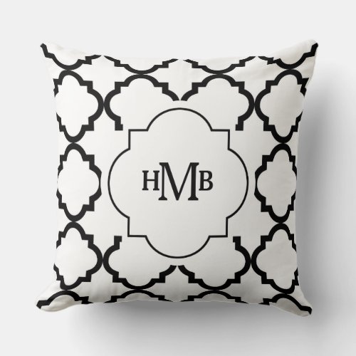 Monogram Black Quatrefoil Pattern Throw Pillow