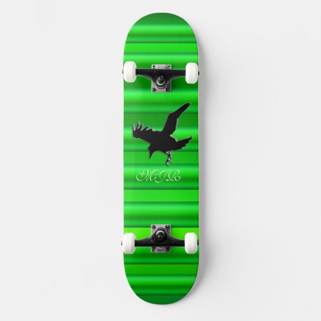 Monogram, Black Raven logo on green chrome-effect Skateboard (Front)