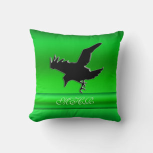 Monogram, Black Raven logo on green chrome-effect Throw Pillow