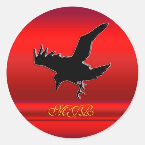 Monogram, Black Raven logo on red chrome-effect Classic Round Sticker
