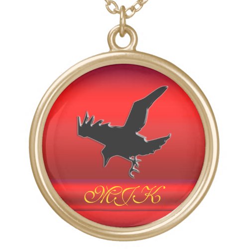 Monogram Black Raven logo on red chrome_effect Gold Plated Necklace