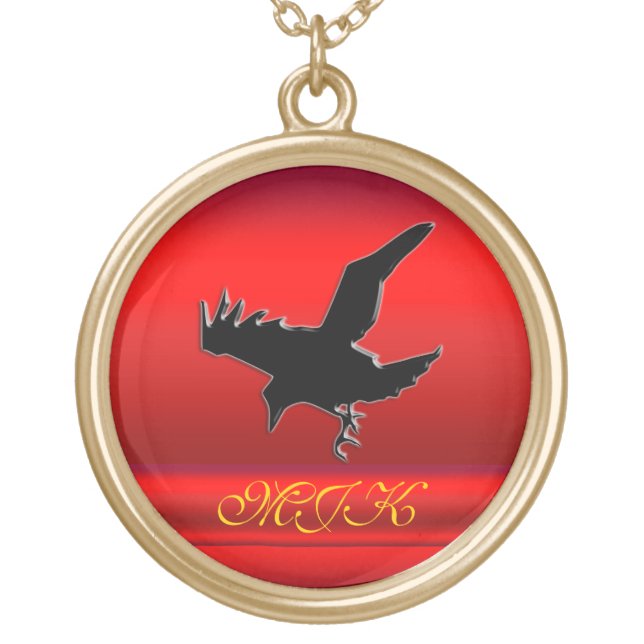 Monogram, Black Raven logo on red chrome-effect Gold Plated Necklace (Front)
