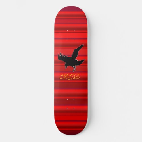 Monogram Black Raven logo on red chrome_effect Skateboard Deck