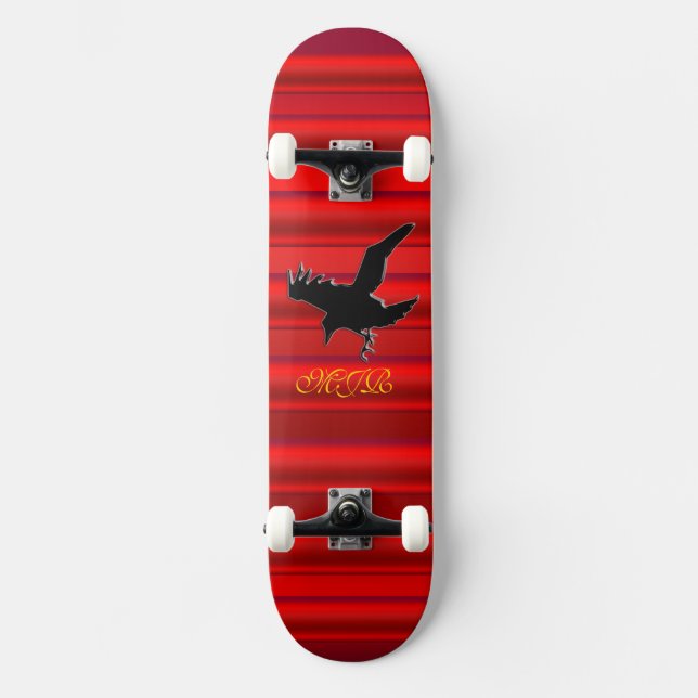 Monogram, Black Raven logo on red chrome-effect Skateboard Deck (Front)