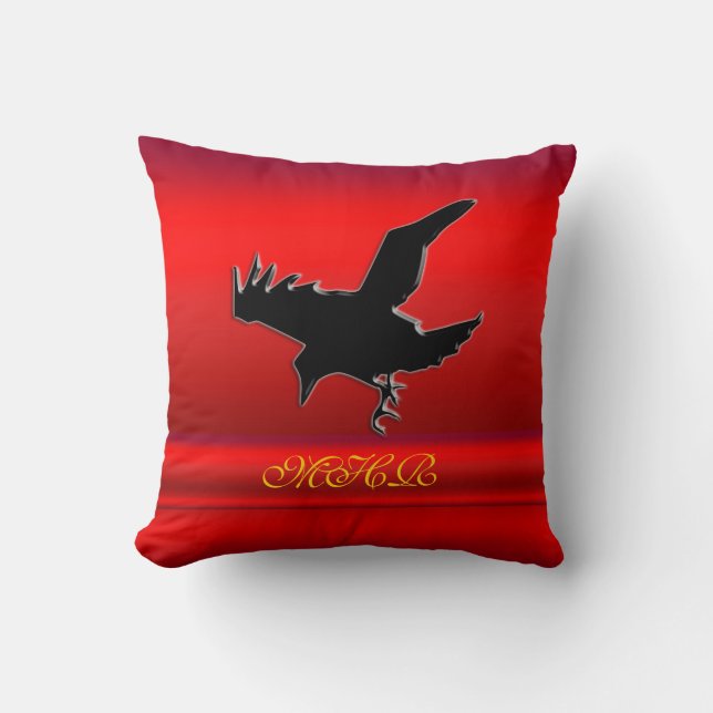 Monogram, Black Raven logo on red chrome-effect Throw Pillow (Front)