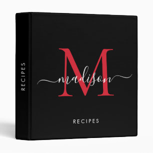 Monogram Black Red Burgundy Script Name Recipe 3 Ring Binder