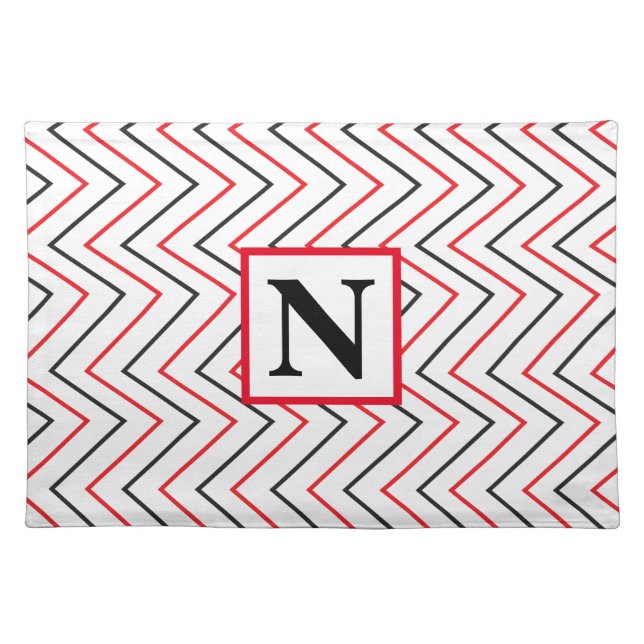 Monogram Black Red Chevron Vertical Stripe  Cloth Placemat (Front)