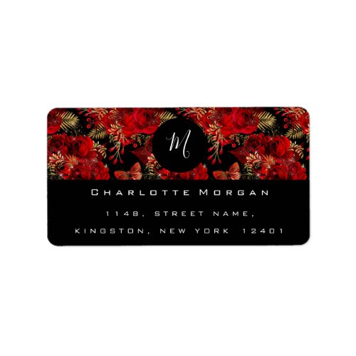 Monogram Black Red Flower Rose Butterfly Gold RSVP Label