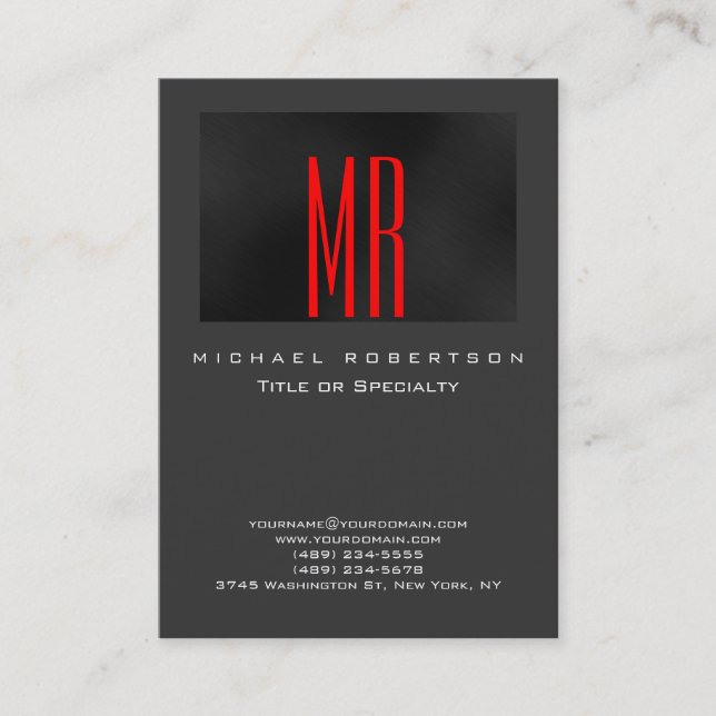 Monogram Black Red Gray Chubby Business Card (Front)