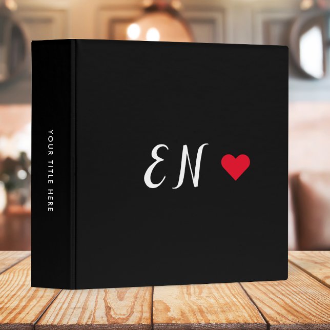 Monogram Black Red Heart Handwritten Script 3 Ring 3 Ring Binder (Creator Uploaded)