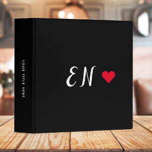 Monogram Black Red Heart Handwritten Script 3 Ring Binder