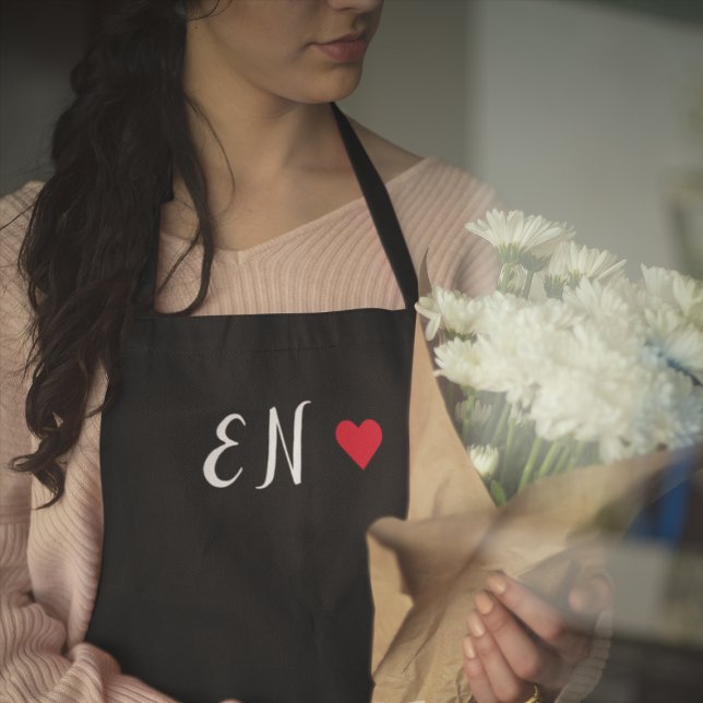 Monogram Black Red Heart Handwritten Script Apron (Creator Uploaded)