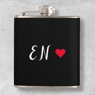 Monogram Black Red Heart Handwritten Script Flask