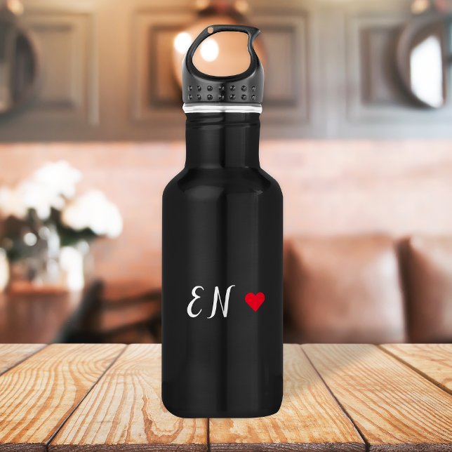 Monogram Black Red Heart Handwritten Script Stainless Steel Water Bottle (Creator Uploaded)